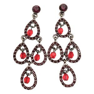 Red Rhinestone Gunmetal Dangle Chandelier Earrings